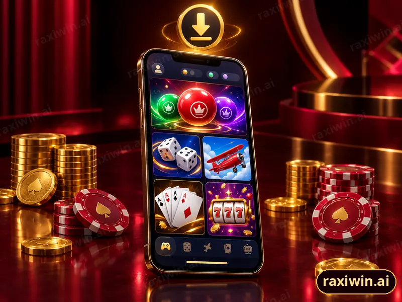Smartphone showing a colourful gaming lobby with a download icon, representing the RaxiWin app
