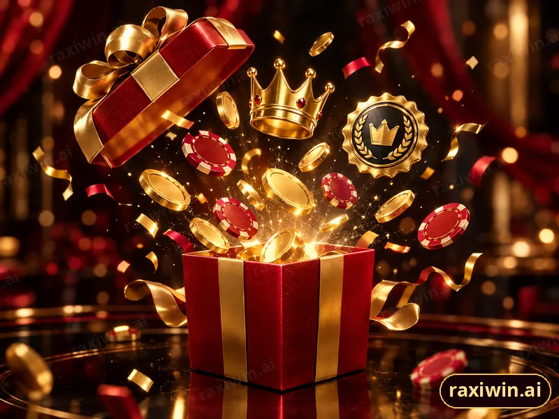 Red and gold gift box with coins, chips and a crown representing RaxiWin bonuses