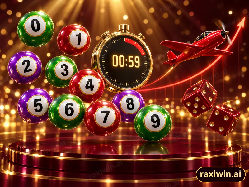 Colour prediction lottery balls, a countdown timer, dice and a crash-game plane illustrating RaxiWin game types