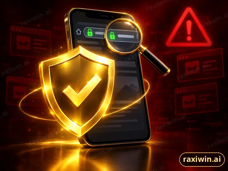 Gold shield with a check mark in front of a phone browser, representing how to verify a real RaxiWin domain