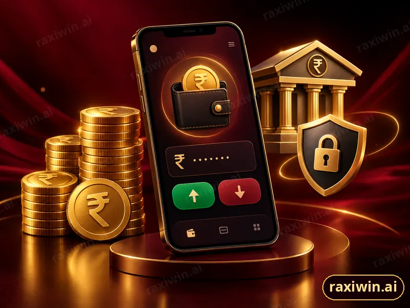 Phone wallet screen with rupee coins, a bank icon and a padlock shield for RaxiWin deposits and withdrawals